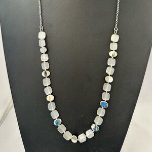 Talbots long silver tone necklace with square glass and silver tone oval beads